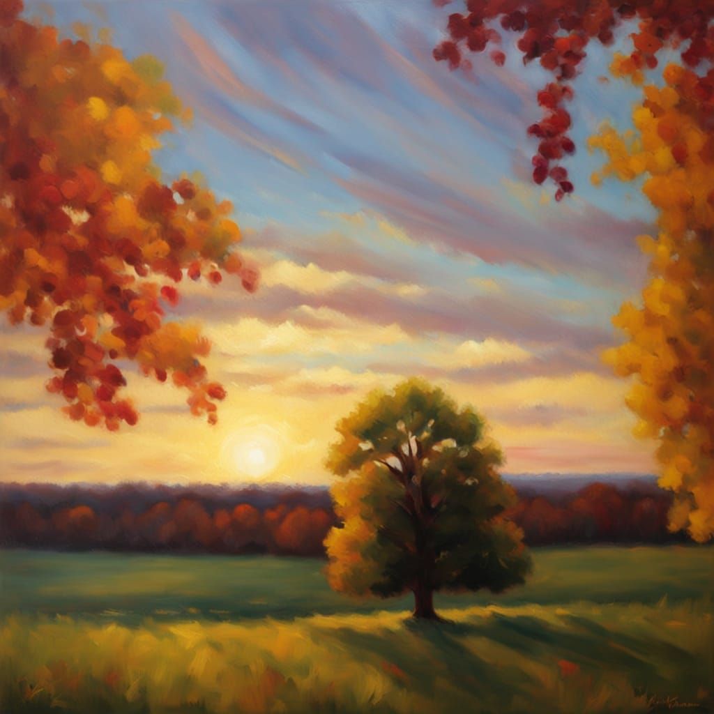 Vibrant Autumn Tree Oil Painting in Golden Hour Light