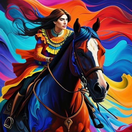 Surreal Woman Riding Horse in Vibrant Abstract Art