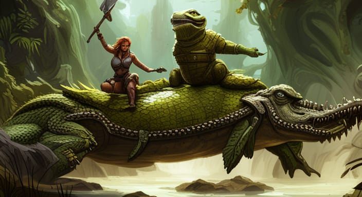 Cyberpunk Warrior on Mech Alligator in Neon Swamp