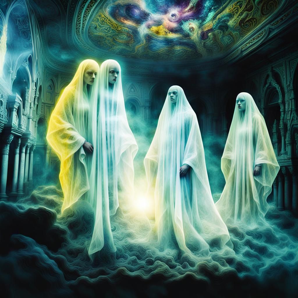 Surreal Ghost Spirits Dance in Labyrinthine Crypt