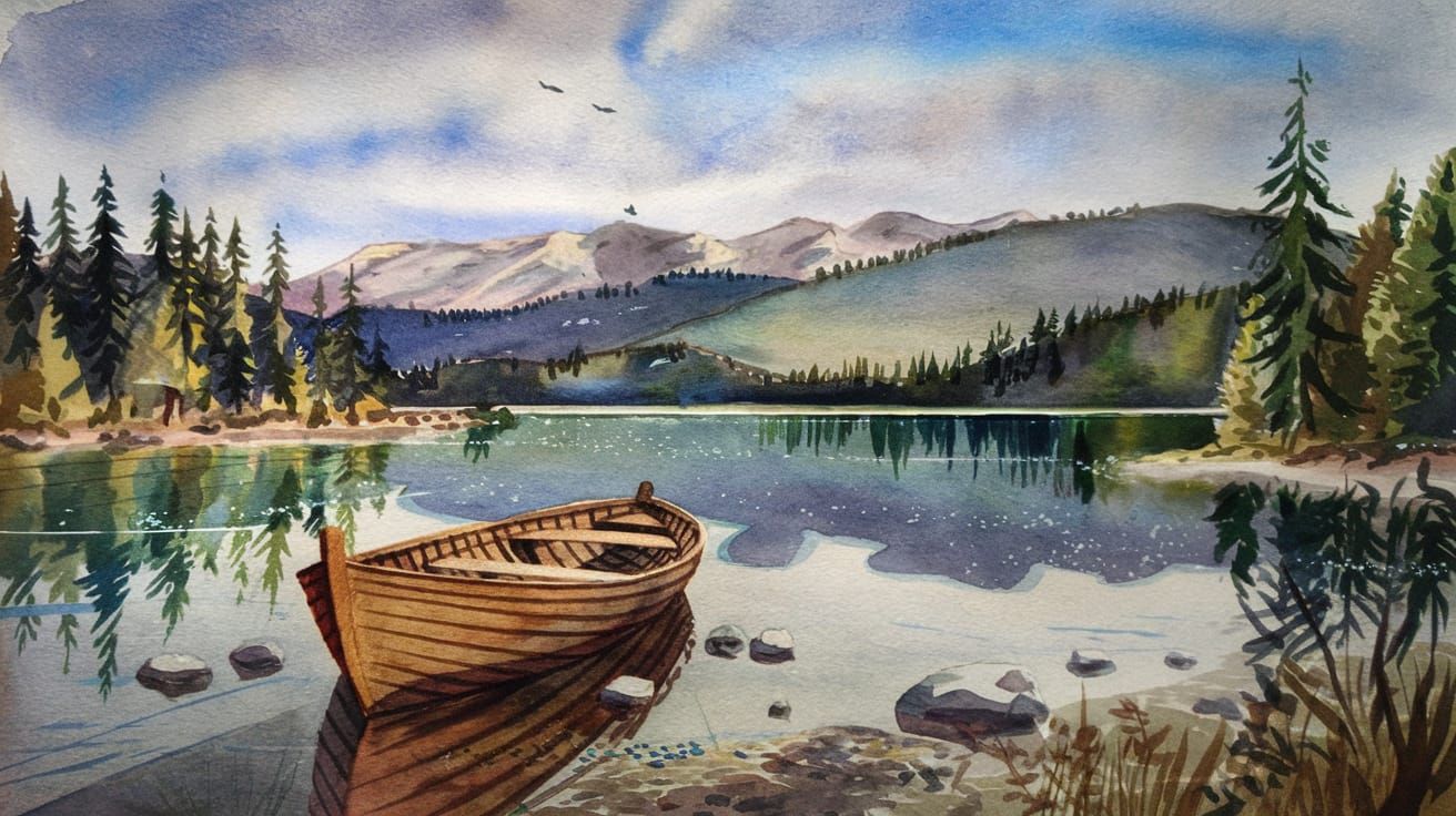 Tranquil Lakeside Scene Painted in Watercolour Style