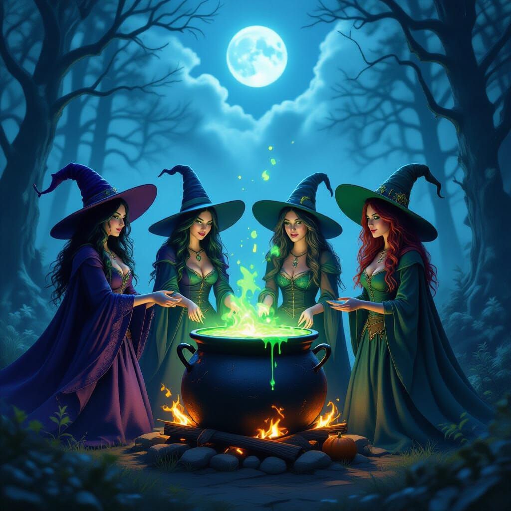 Four Witches Summoning Magic Under a Full Moon