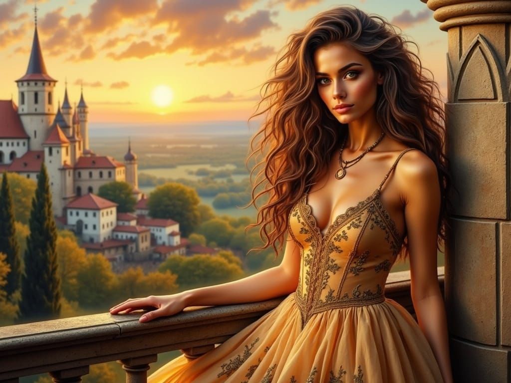 Golden Gown Beauty on Balcony, Royo Style Painting