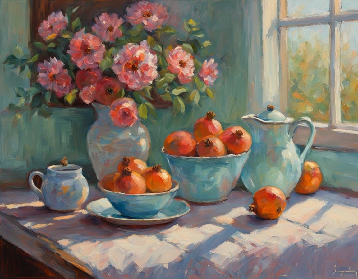 Impressionist Acrylic Painting of Pomegranate Juice and Cake