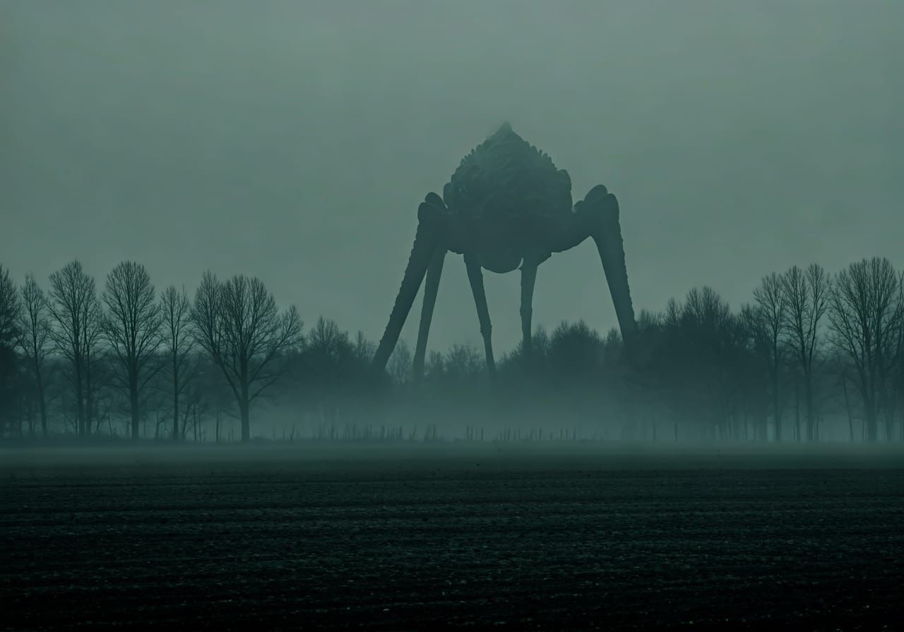 Alien Creature in Foggy Field, Megalophobia Art