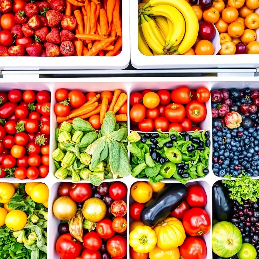 Vibrant Food Bin Filled with Rainbow of Fresh Fruits and Veg...