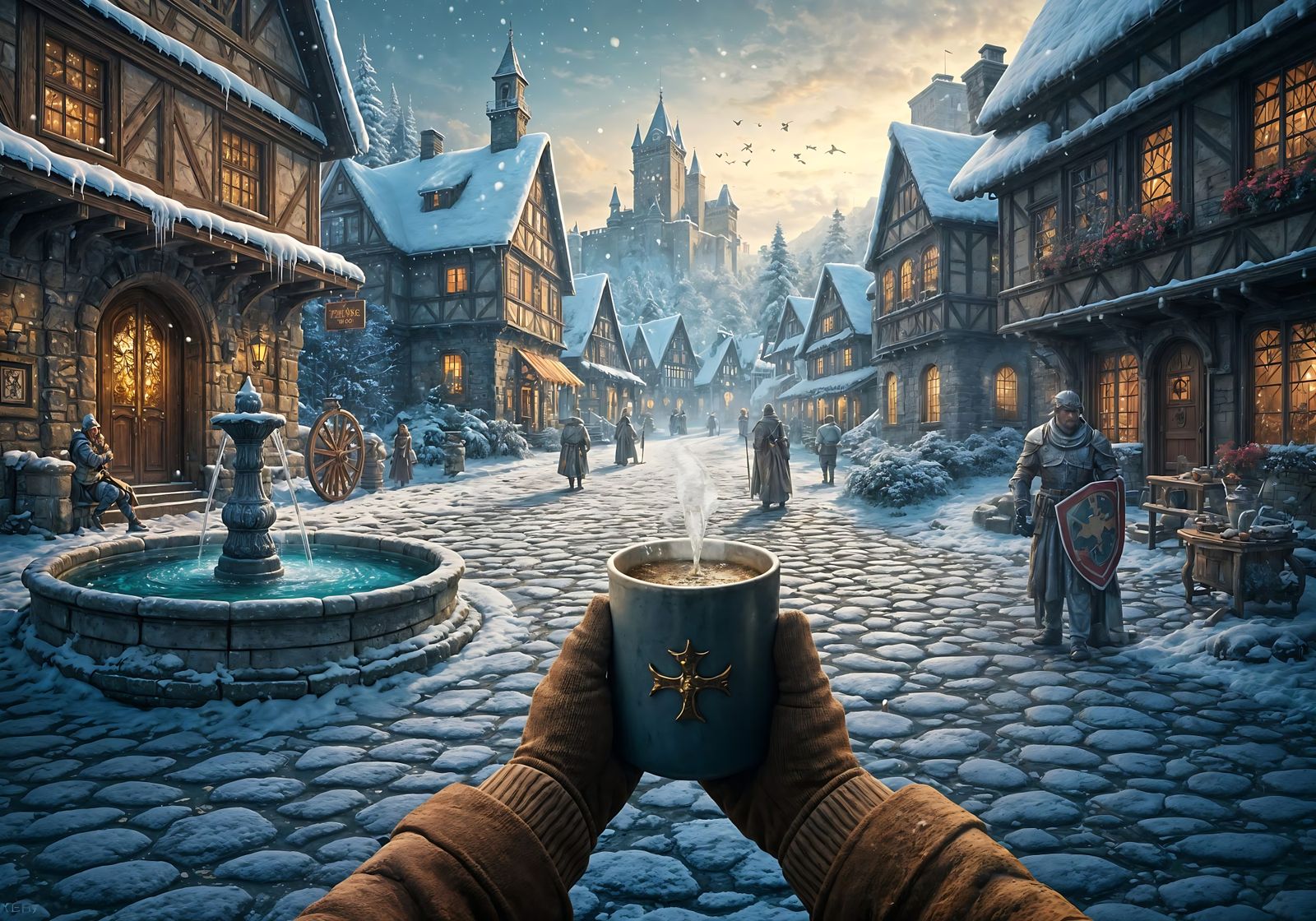 Cozy Winter Scene in a Vibrant Medieval Kingdom