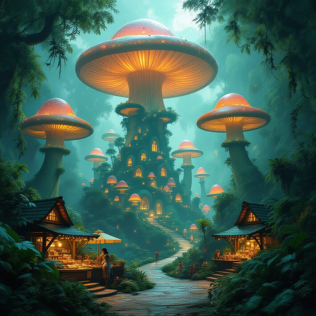 Fantastical Mushroom City in Enchanted Jungle