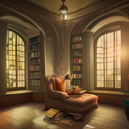 Cozy Reading Corner in a Vast Library