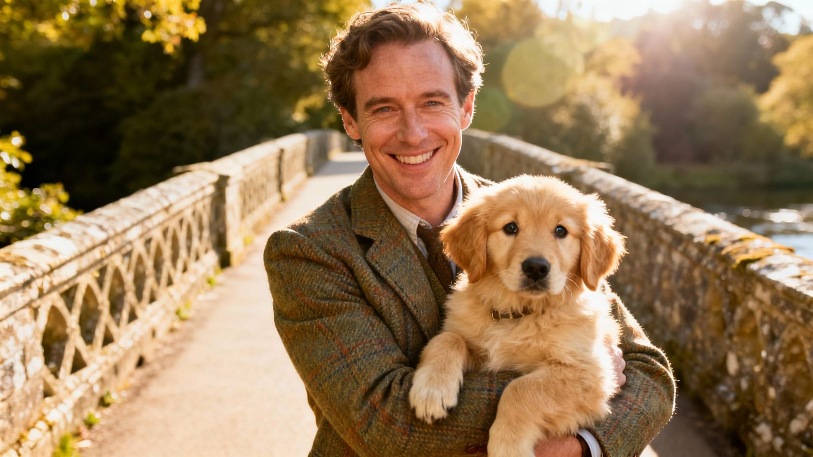 British Man with Golden Retriever on Sunny Bridge