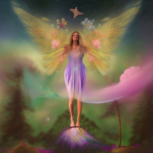 Celestial Goddesses Amidst Whimsical Flowers and Mysterious...