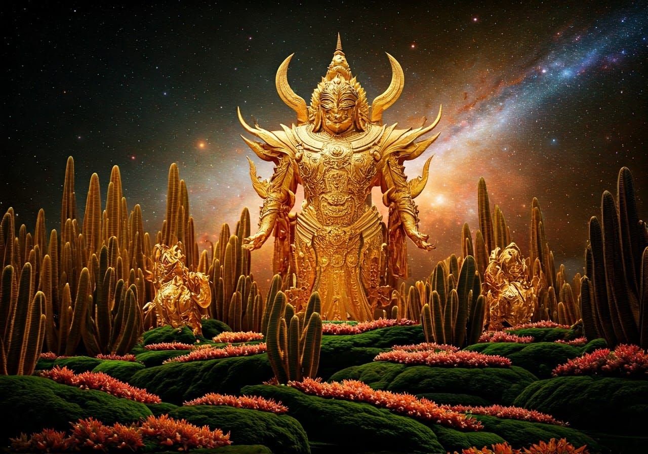 Surreal Galaxy Garden with Golden Guardians