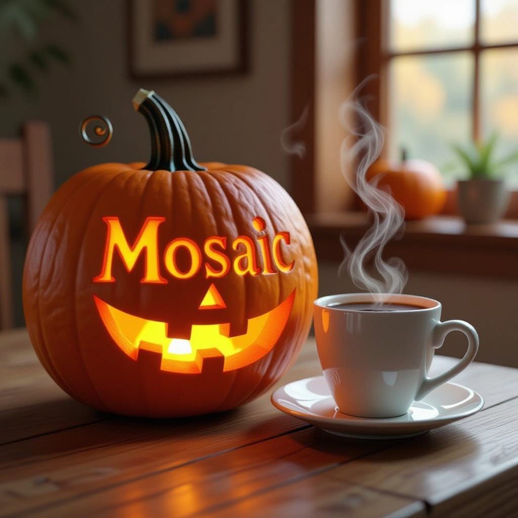 Carved Pumpkin with Coffee Cup and 'Mosaic' Etching