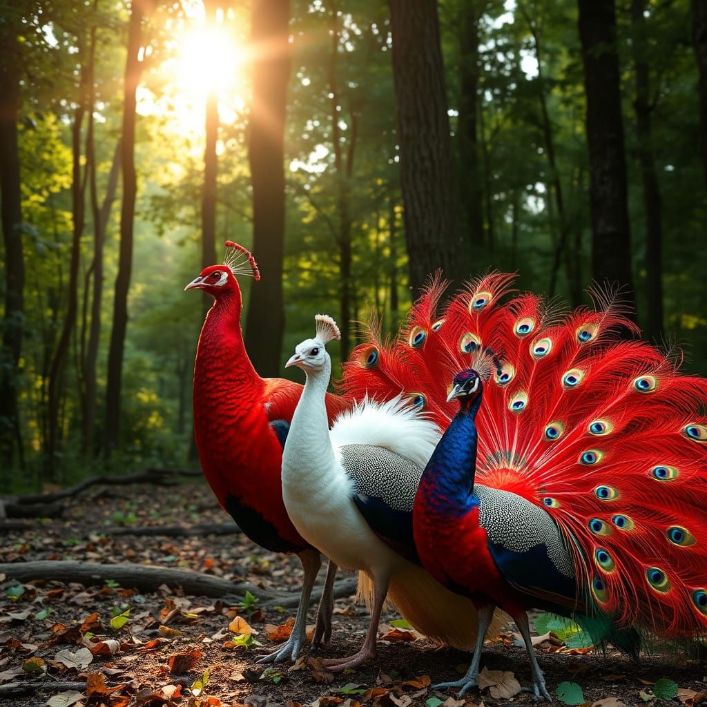 Vibrant Peacocks Display Feathers in Sunlit Forest