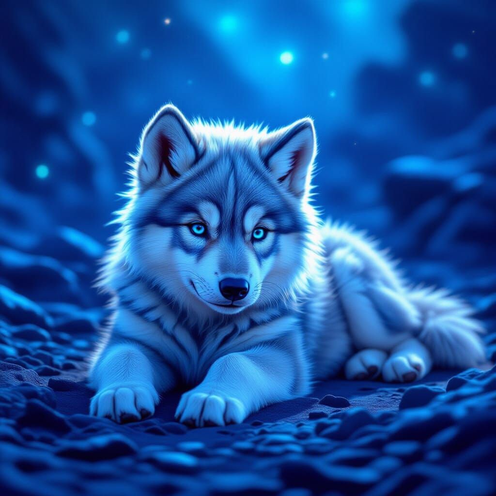 Fluffy Dire Wolf Puppy in Ethereal Blue Glow