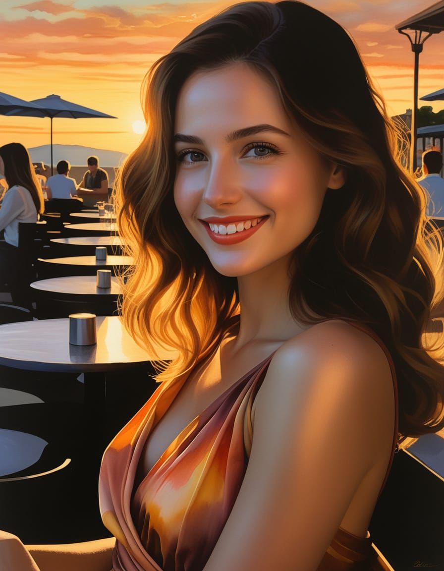 Woman at Restaurant in Surrealist Watercolor Painting