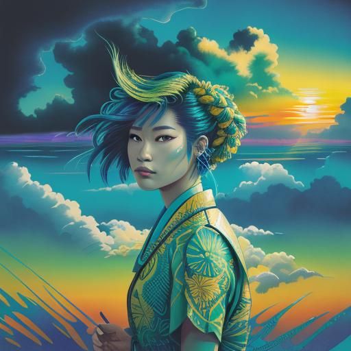 Vaporwave Hawaiian Goddess in Ethereal Storm