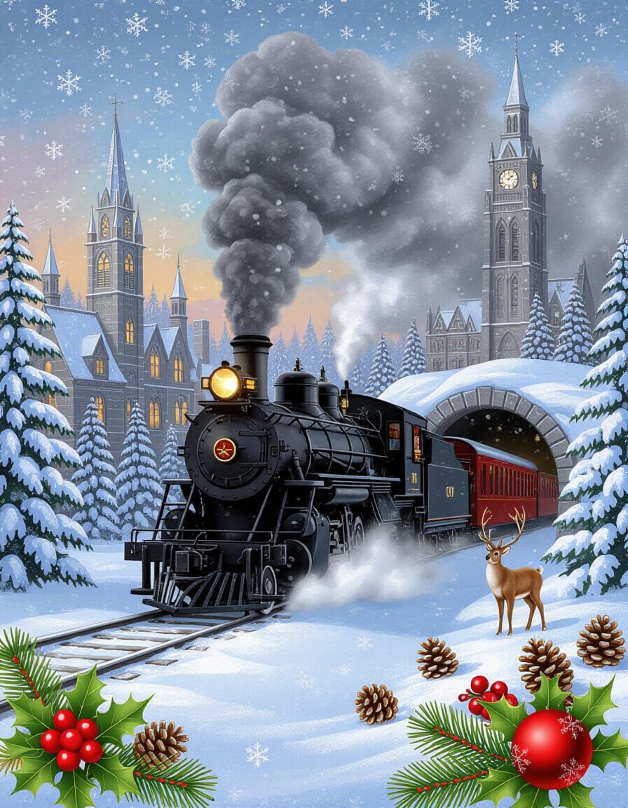 Magical Christmas Train Emerges from Snowy Tunnel