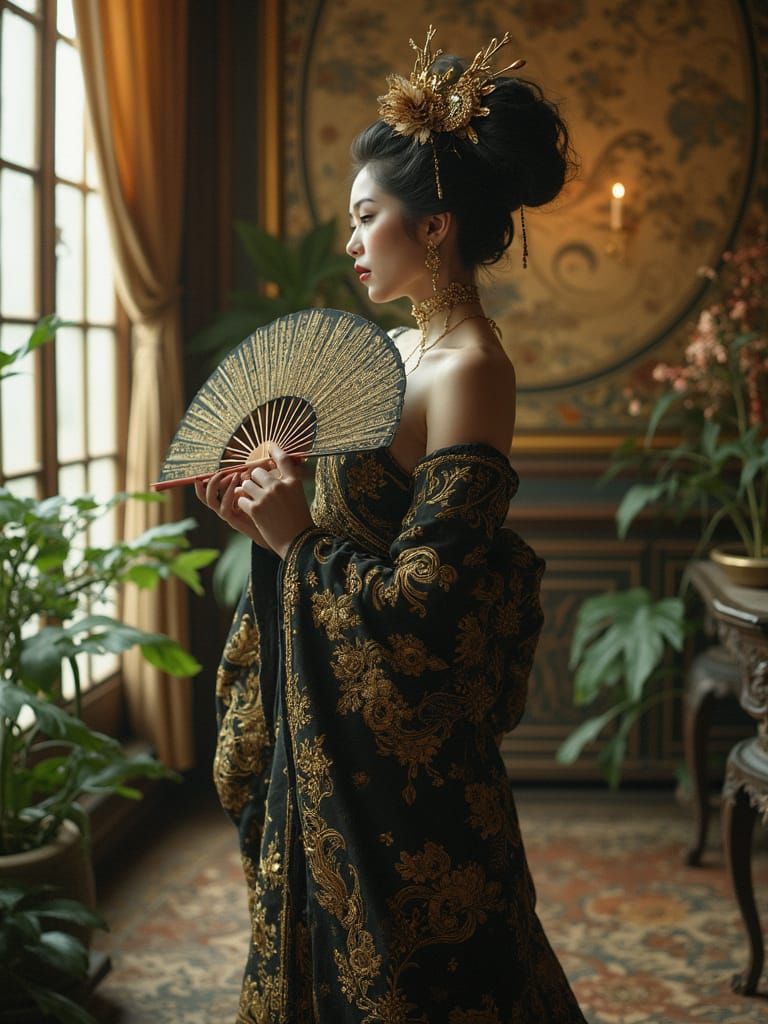 Steampunk Cyborg Geisha in Elegant Fan Dance Pose