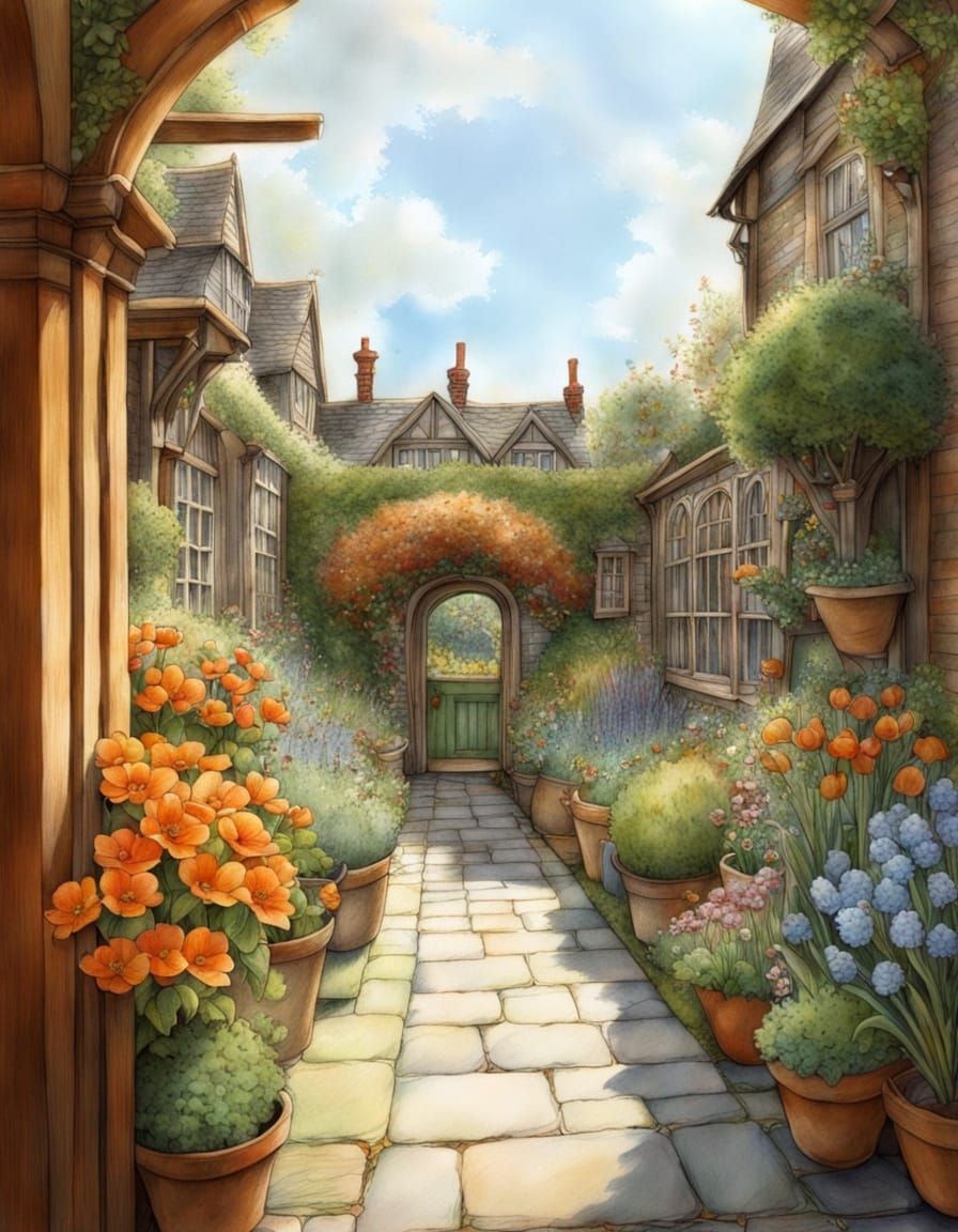 Idyllic Brambley Hedge Garden in Pencil