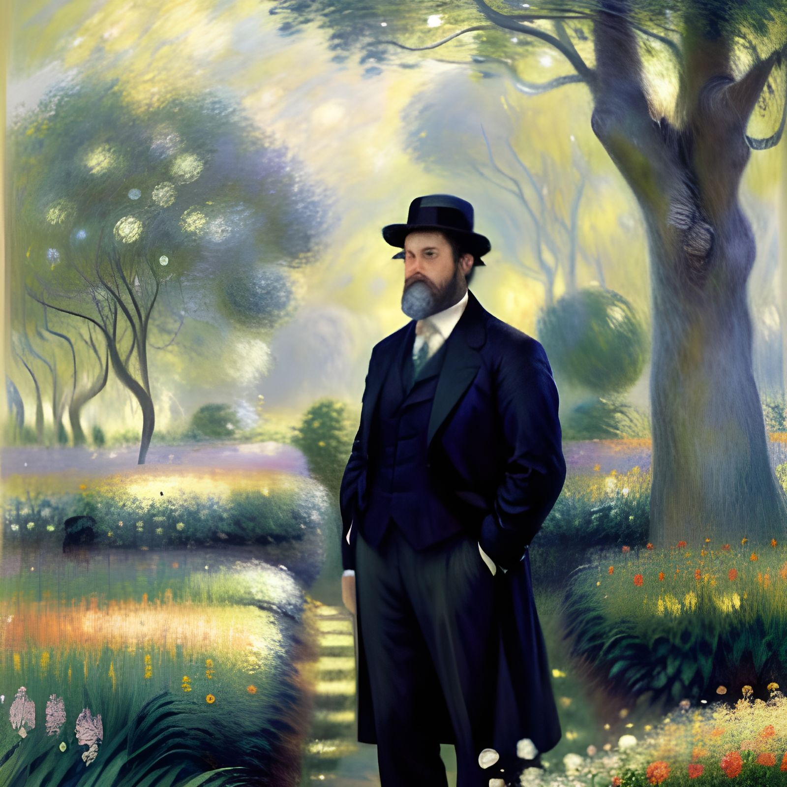 Elegant Gentleman in a Lush Impressionist Garden
