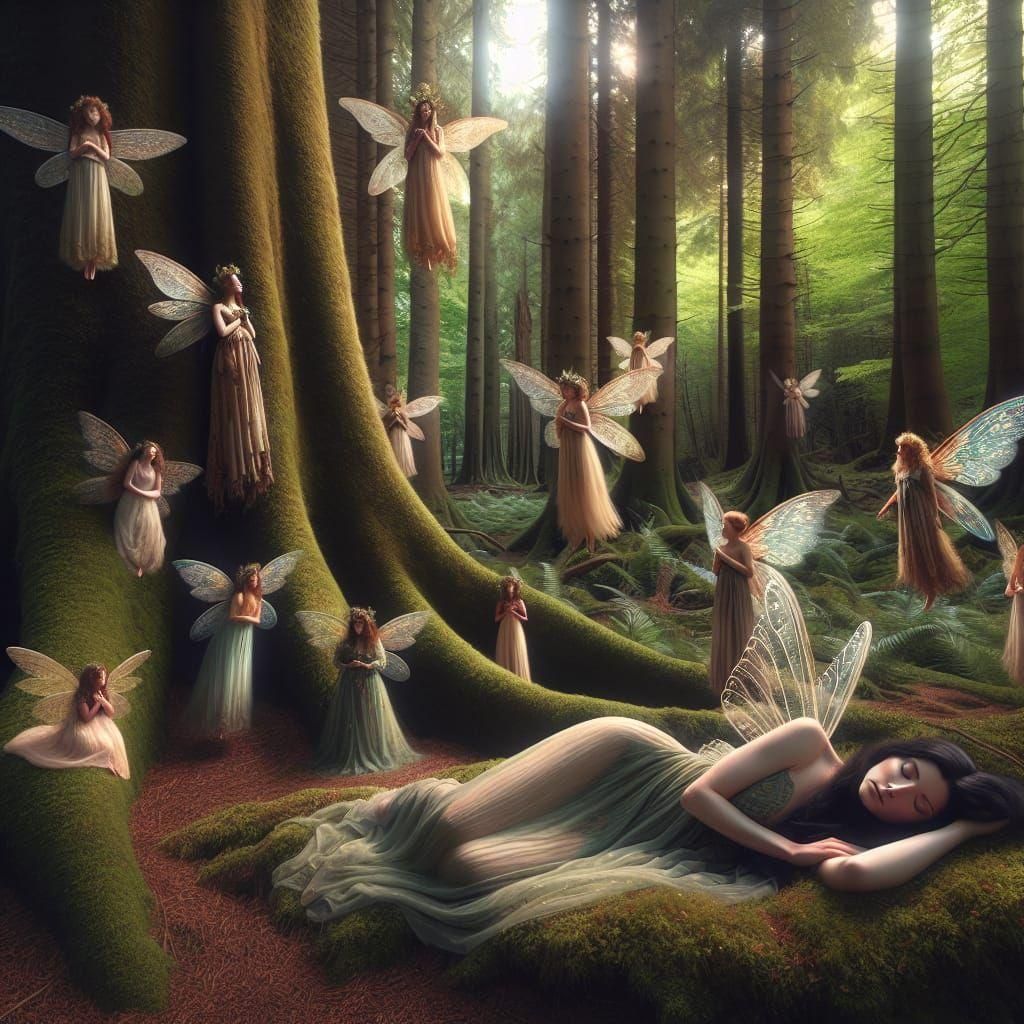 Beautiful woodland fairies watching over a lovely sleeping m...