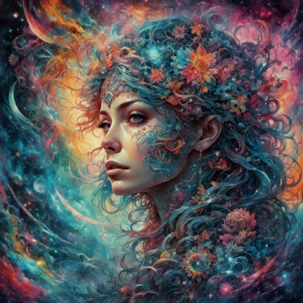 Cosmic Goddess Battles in Vibrant, Iridescent Splendor