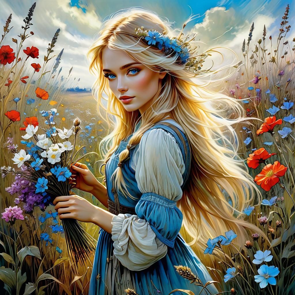 A Symbolic Young Woman Picked Wild Flowers in Enchanting Fie...