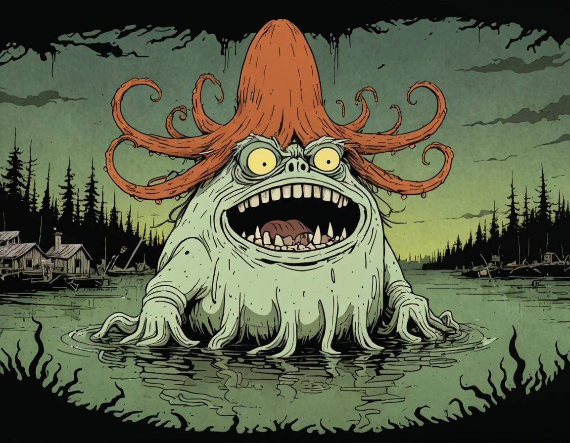 Surreal Cartoon Squidbillies Scene in Distressed, Rusty, Vin...