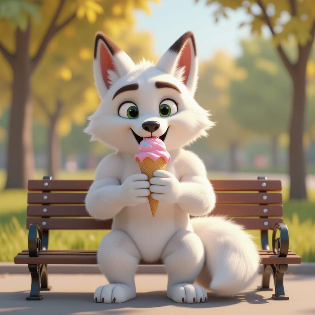 Muscular Fox Enjoys Ice Cream in Pixar Style