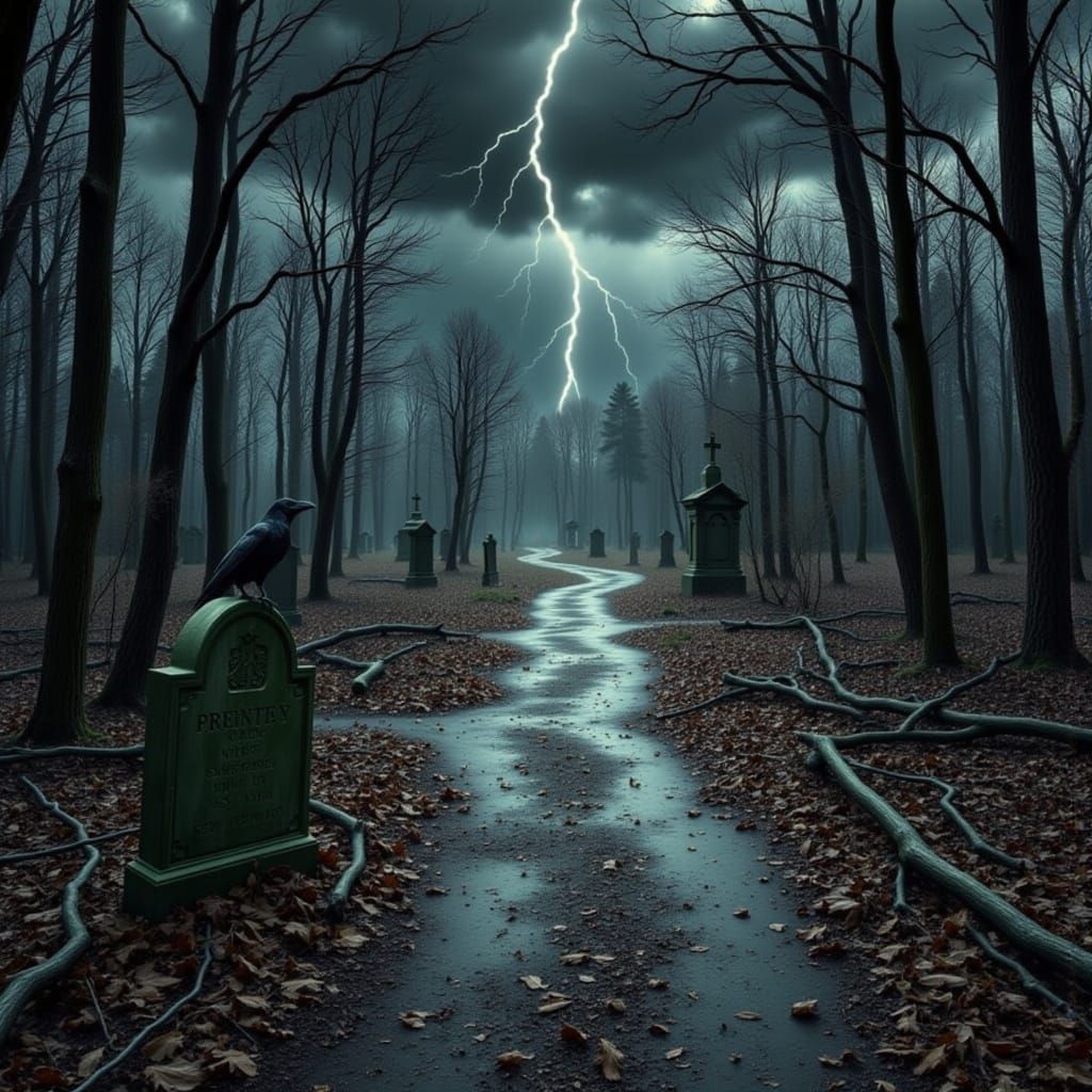 Eerie Forest Path Leading to Cemetery