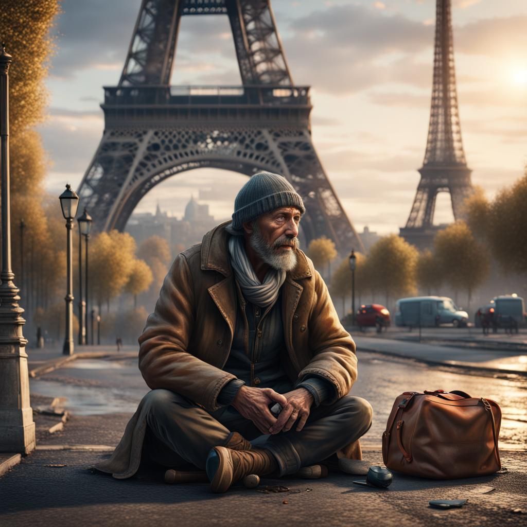Homeless Man in Front of Eifel Tower in Dramatic, Fantastica...