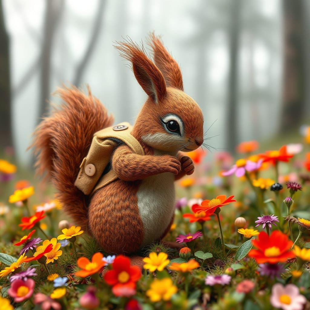 Fabric Squirrel Exploring Misty Wildflower Meadow