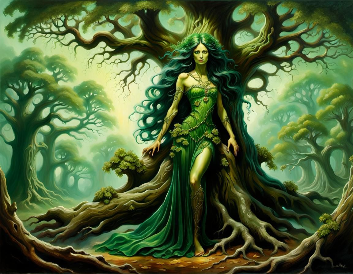 Mythic Dryad Emerges in Cyberpunk Oil Painting Style