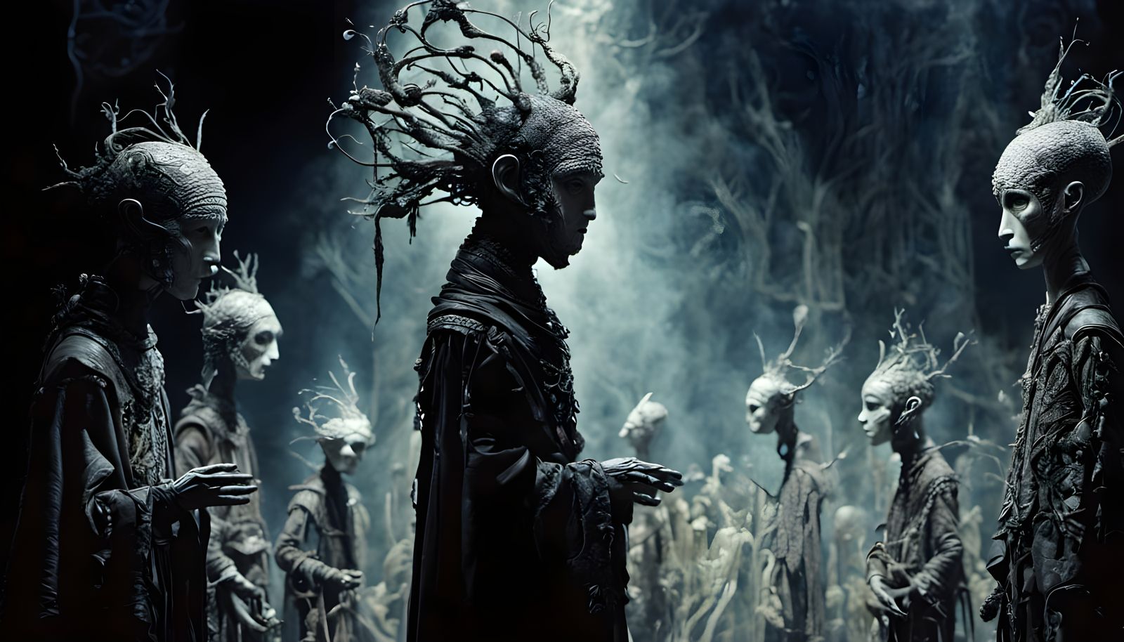 Mysterious Cult Figures in Detailed Theatre Scene