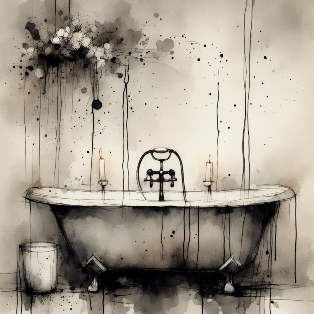 Surreal Bathtub Scene in Charcoal and Ink Style