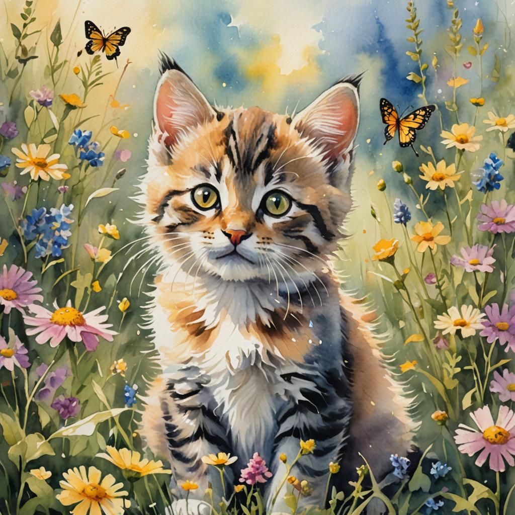 Whimsical Kitten in a Field of Wildflowers