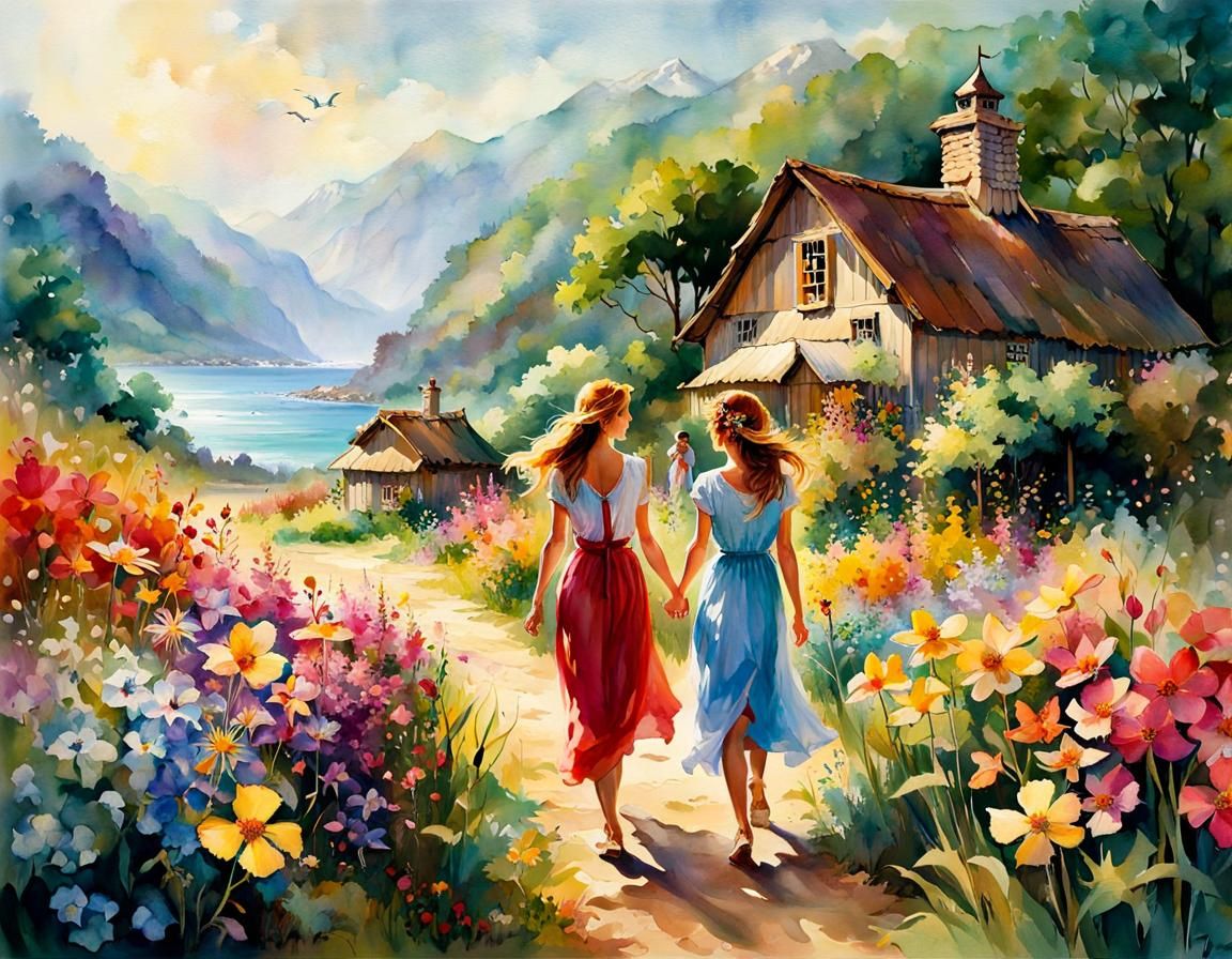 Family on Tropical Beach: Watercolor Fantasy Illustration