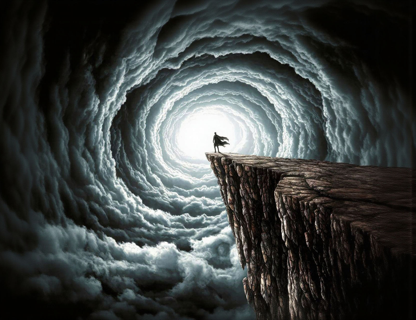 Lone Figure on Cliff Edge Above Cloud Vortex