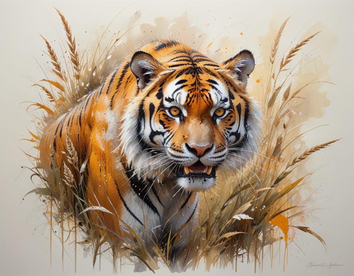 Bengal Tiger Hunting in Golden Dusk Oil Paint Strokes