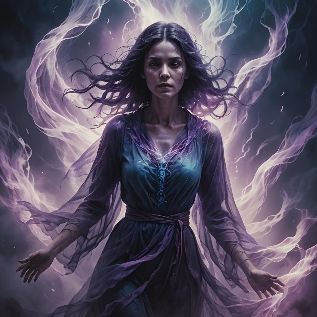 Woman Trapped in Ghostly Form amidst Ethereal Mist