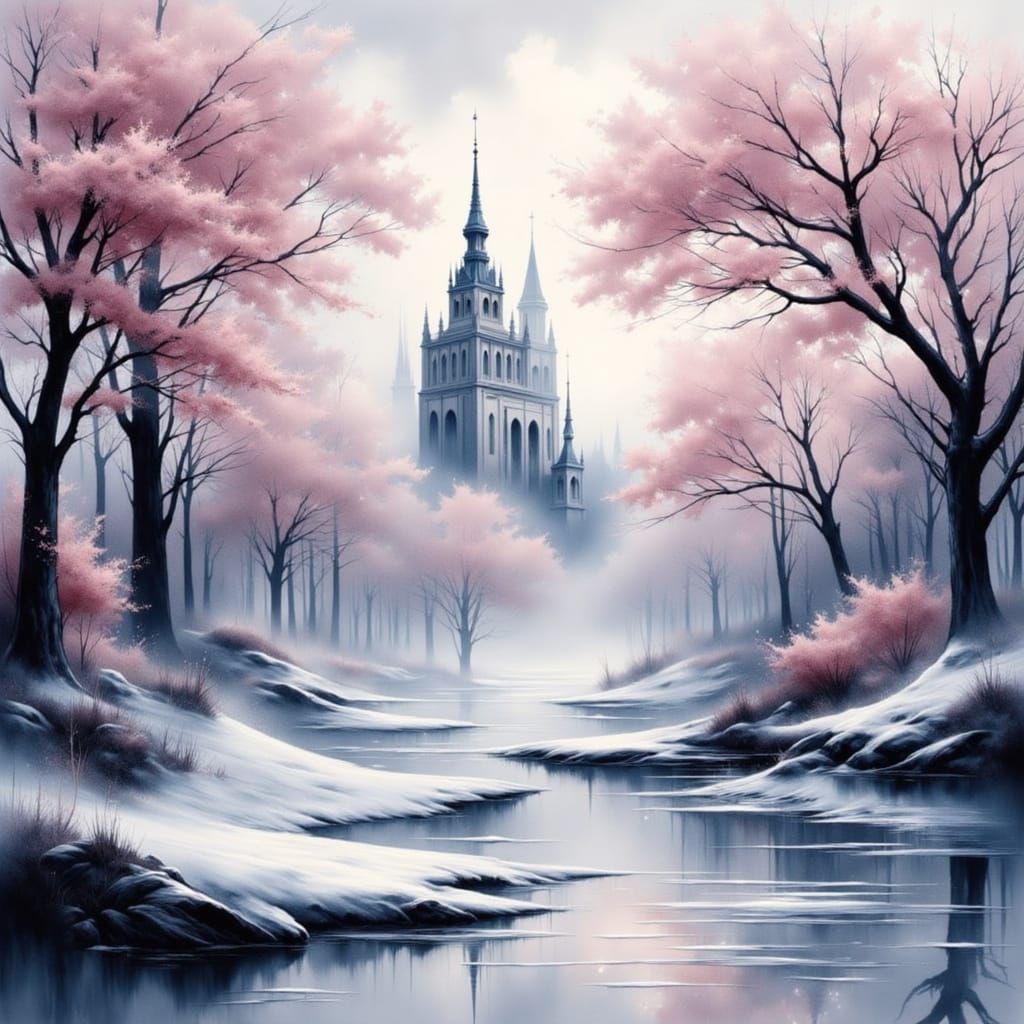 Castle in the mist, via lora:Unique Flux plus 
lora:Paysage