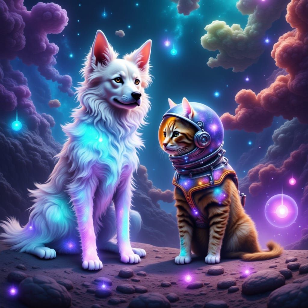 <lora:My pets:1.0> translucent dog next to astronaut cat