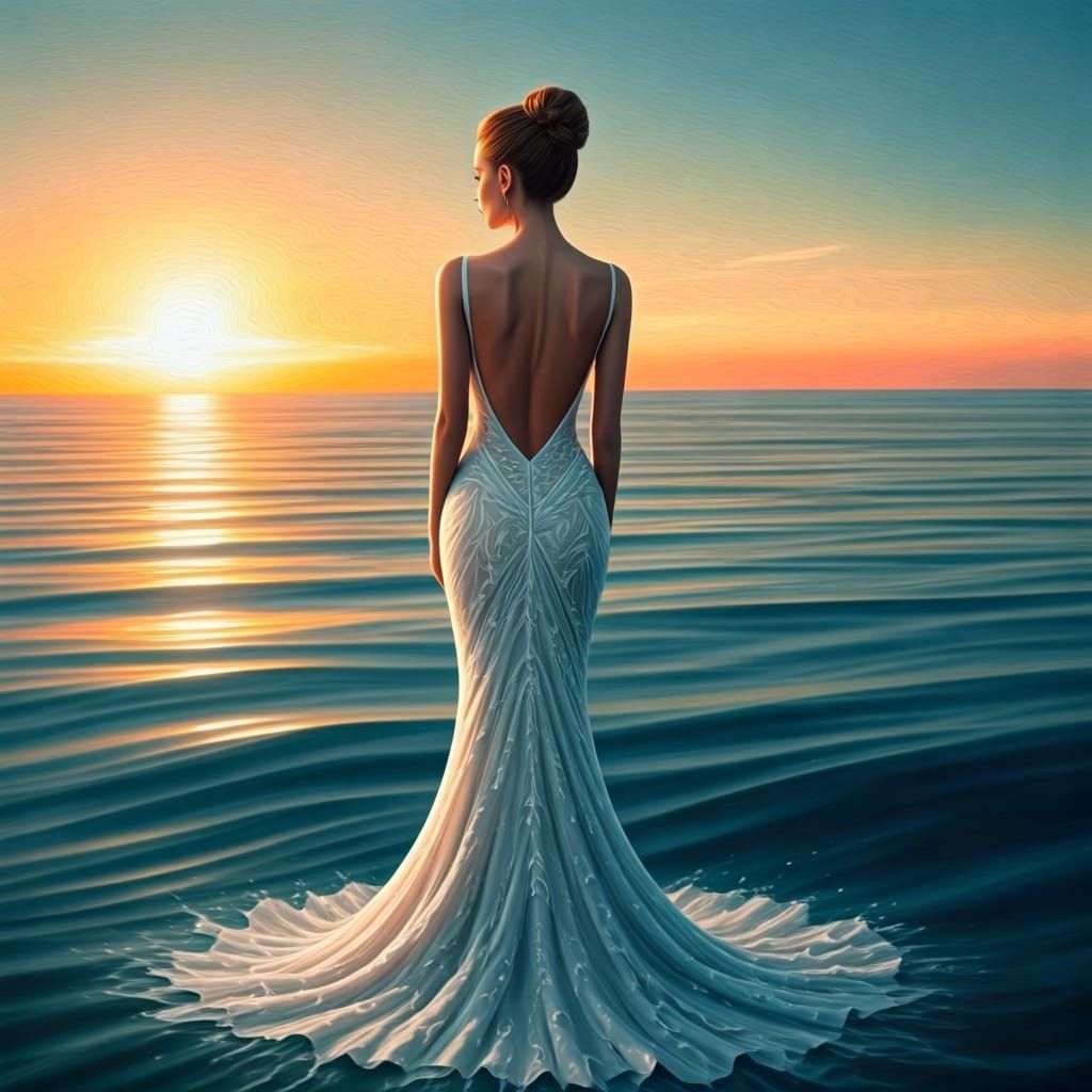 Ethereal Woman Merging with Ocean at Sunset
