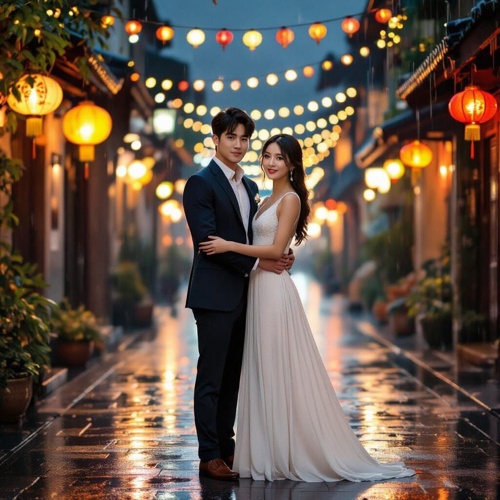 Romantic Asian Couple Embrace in Rain-Kissed City