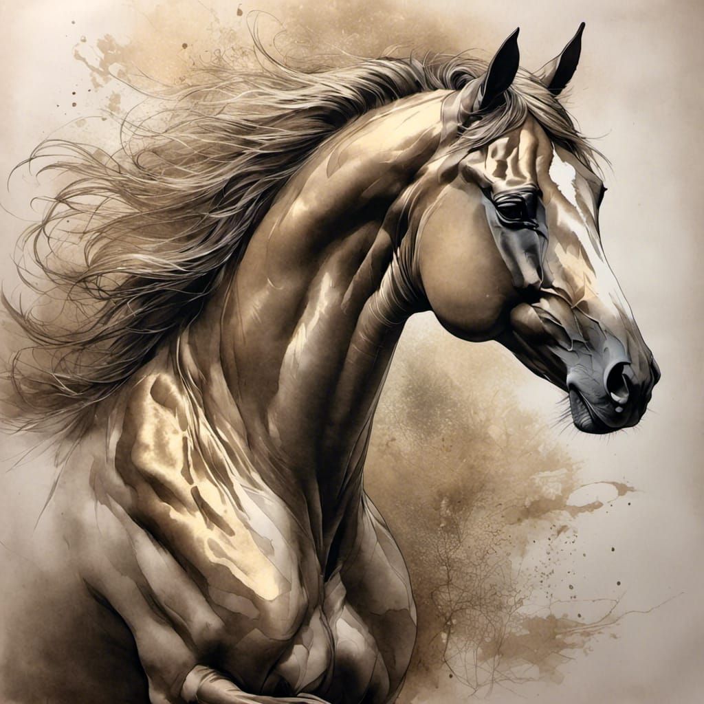 Gilded Feral Stallion on White Parchment
