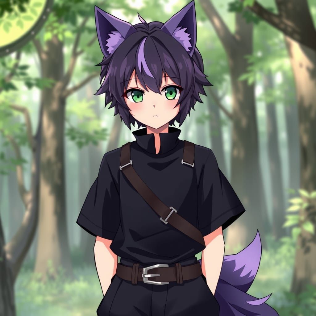 Anime Teen Boy with Wolf Ears and Harness Belt