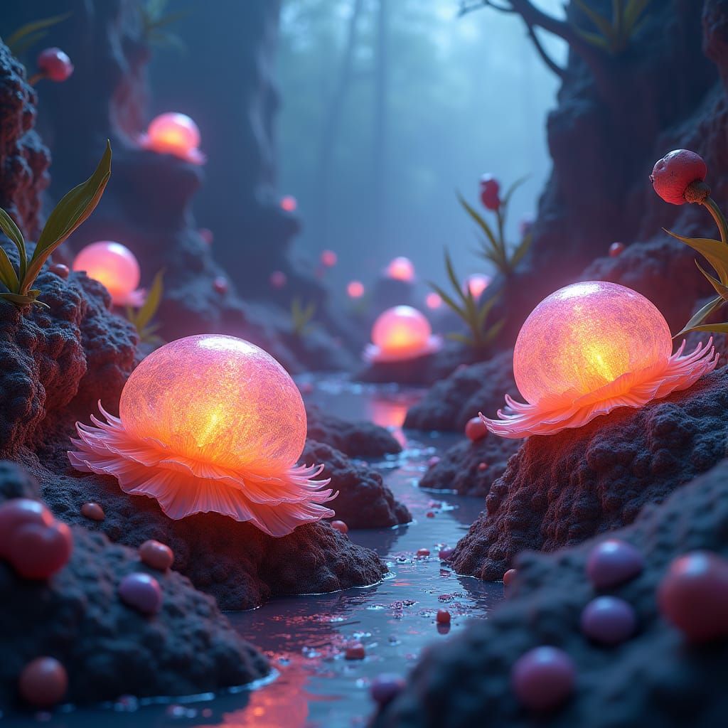 Glowing, Iridescent Crystals in a Dreamlike Alien Landscape