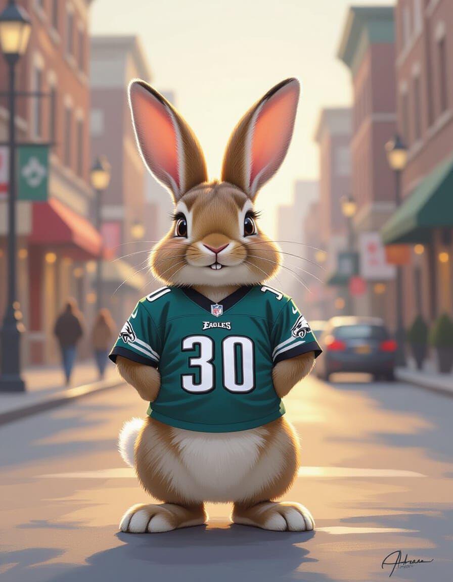 Anthropomorphic Bunny in Eagles Jersey at Dawn