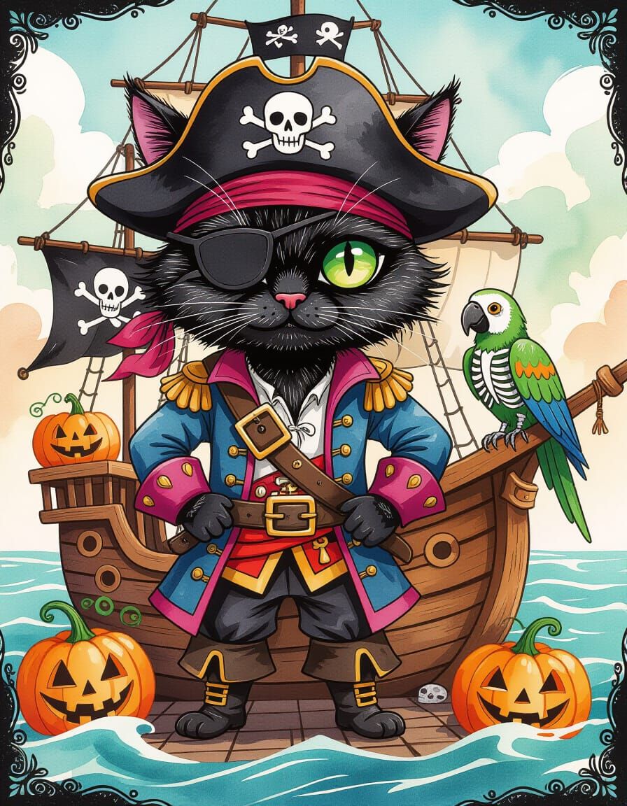 Whimsical Watercolor Black Cat Pirate with Green Eye
